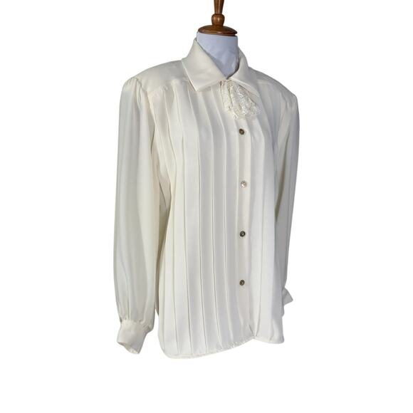 Vintage 80s Ivory Tie Neck Pleated Bouse by Ms. Chaus large - Picture 5 of 9